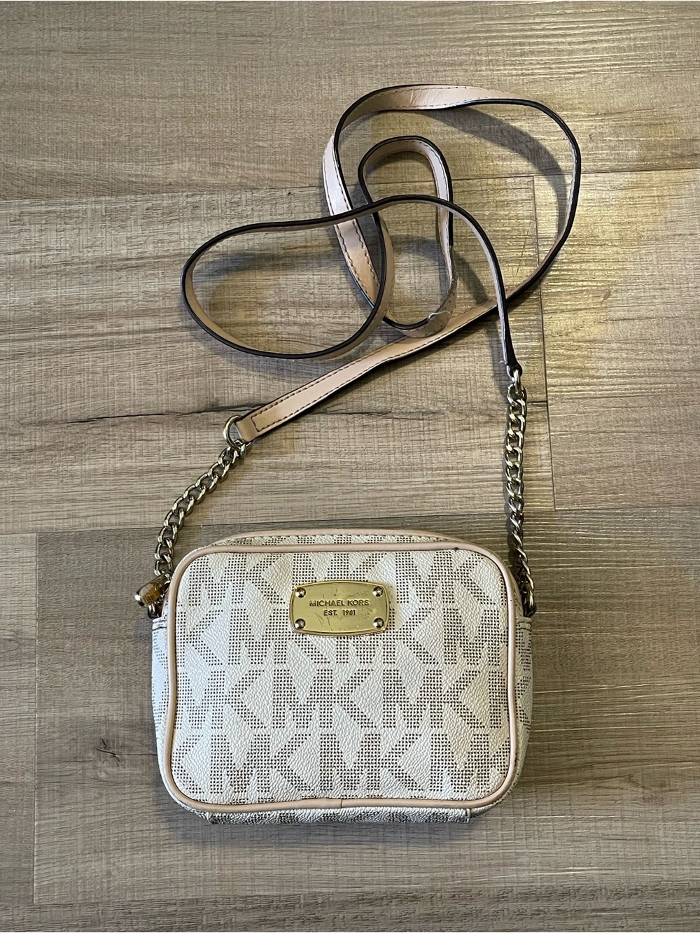 Michael Kors Cream Monogram Crossbody with Gold Hardware